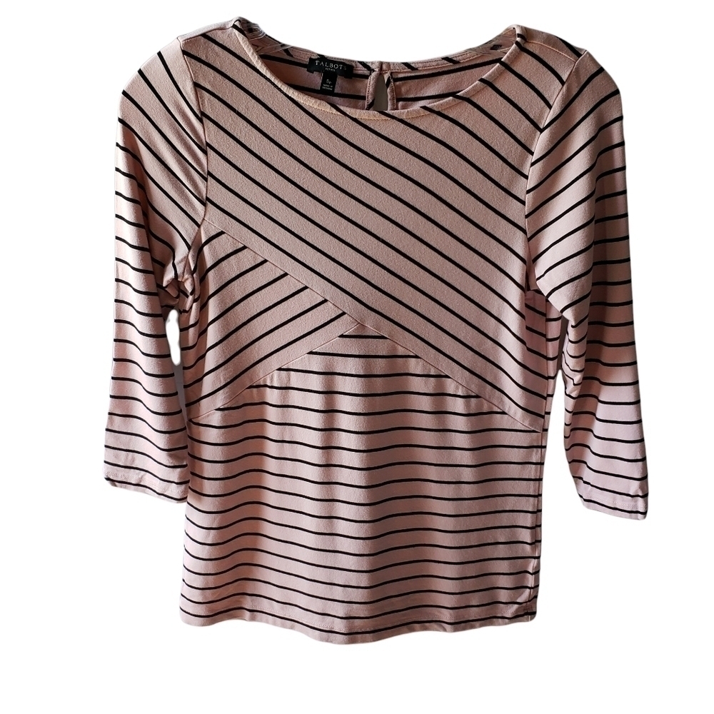 Talbots Pink & Black Stripes Stretch 3/4 Sleeves Top Size Small Petite